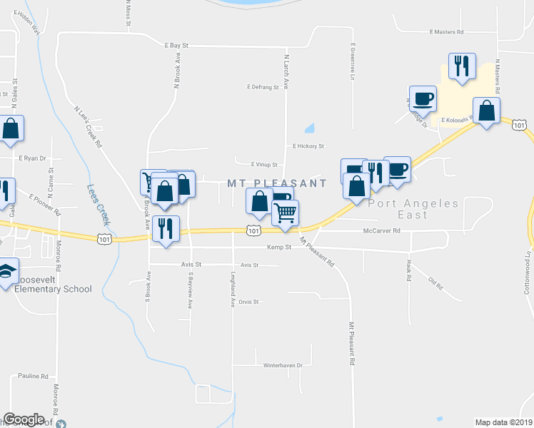 map of restaurants, bars, coffee shops, grocery stores, and more near 2947 East Highway 101 in Port Angeles