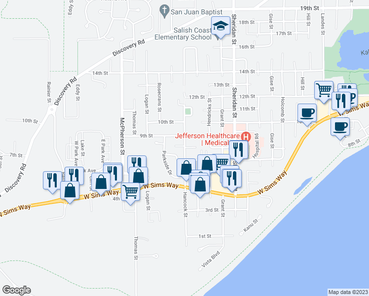 map of restaurants, bars, coffee shops, grocery stores, and more near 819 Hancock Street in Port Townsend