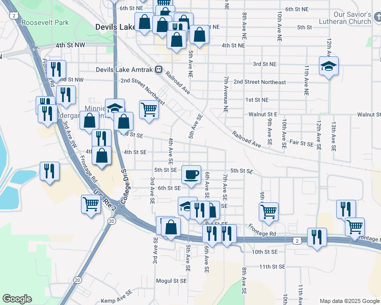 map of restaurants, bars, coffee shops, grocery stores, and more near 502 4th Street Southeast in Devils Lake