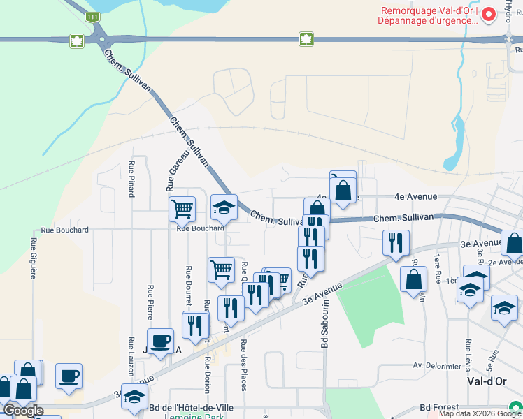 map of restaurants, bars, coffee shops, grocery stores, and more near 1608 Chemin Sullivan in Val-d'Or