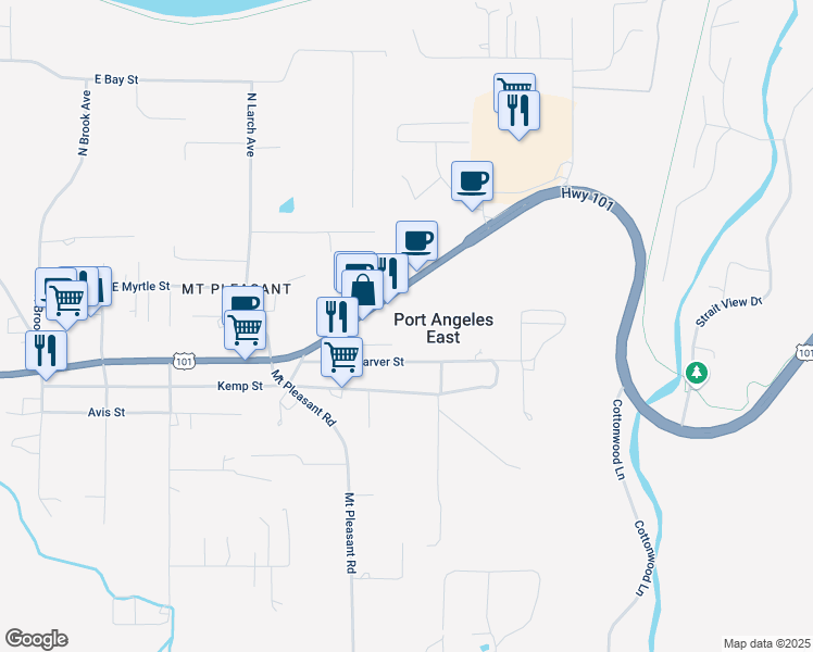 map of restaurants, bars, coffee shops, grocery stores, and more near 3306 East Highway 101 in Port Angeles