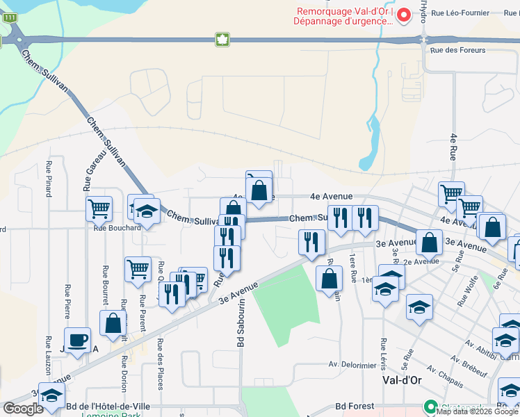 map of restaurants, bars, coffee shops, grocery stores, and more near 1500 Chemin Sullivan in Val-d'Or