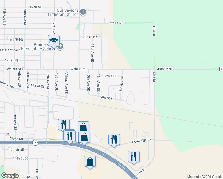 map of restaurants, bars, coffee shops, grocery stores, and more near 301-309 Dickenson Dr SE in Devils Lake