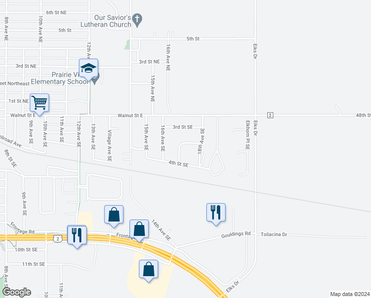 map of restaurants, bars, coffee shops, grocery stores, and more near 301-309 Dickenson Dr SE in Devils Lake