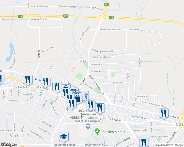 map of restaurants, bars, coffee shops, grocery stores, and more near 546 Boulevard Lamaque in Val-d'Or