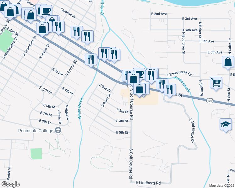 map of restaurants, bars, coffee shops, grocery stores, and more near 110 South Penn Street in Port Angeles