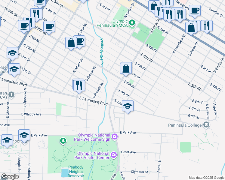map of restaurants, bars, coffee shops, grocery stores, and more near 820 South Race Street in Port Angeles