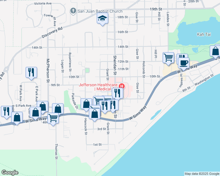 map of restaurants, bars, coffee shops, grocery stores, and more near 905 Grant Street in Port Townsend