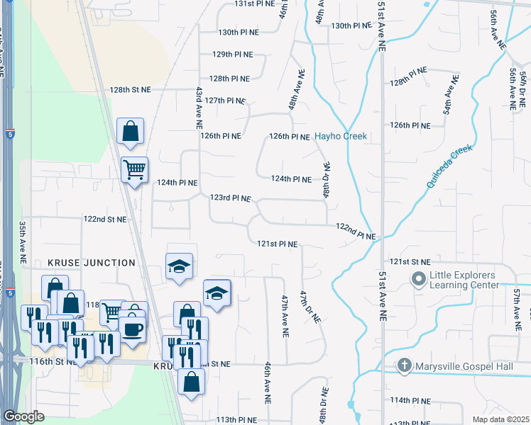 map of restaurants, bars, coffee shops, grocery stores, and more near 4528 123rd Place Northeast in Marysville