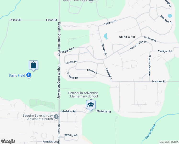 map of restaurants, bars, coffee shops, grocery stores, and more near 131 Leslie Lane in Sequim