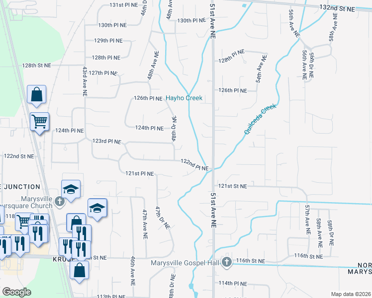 map of restaurants, bars, coffee shops, grocery stores, and more near 4909 123rd Street Northeast in Marysville