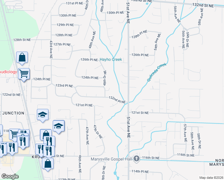 map of restaurants, bars, coffee shops, grocery stores, and more near 4909 123rd Street Northeast in Marysville