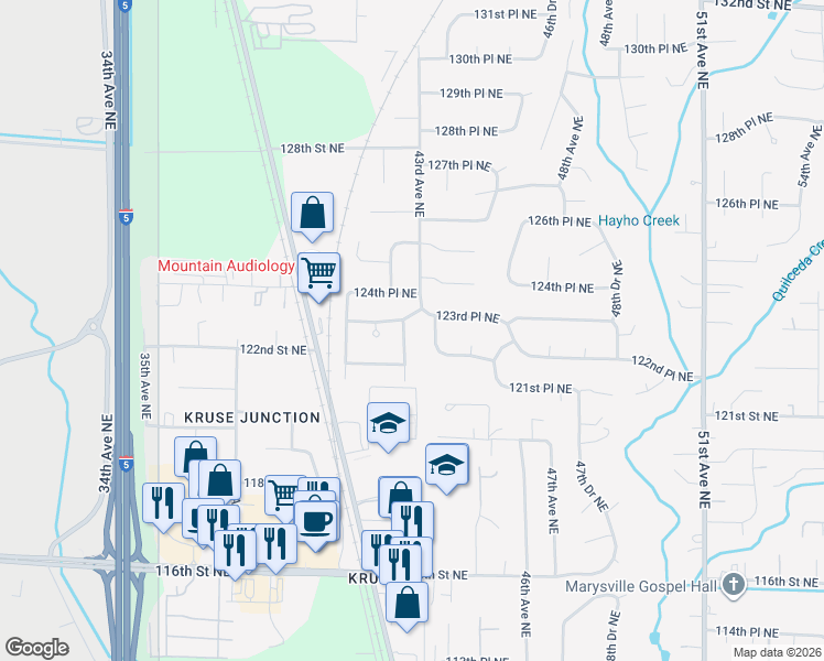 map of restaurants, bars, coffee shops, grocery stores, and more near 12307 42nd Drive Northeast in Marysville