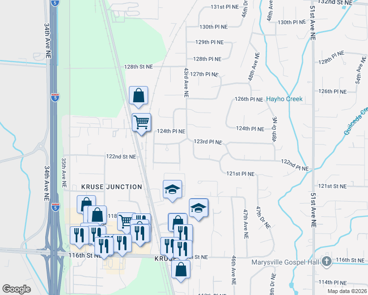 map of restaurants, bars, coffee shops, grocery stores, and more near 12307 42nd Drive Northeast in Marysville