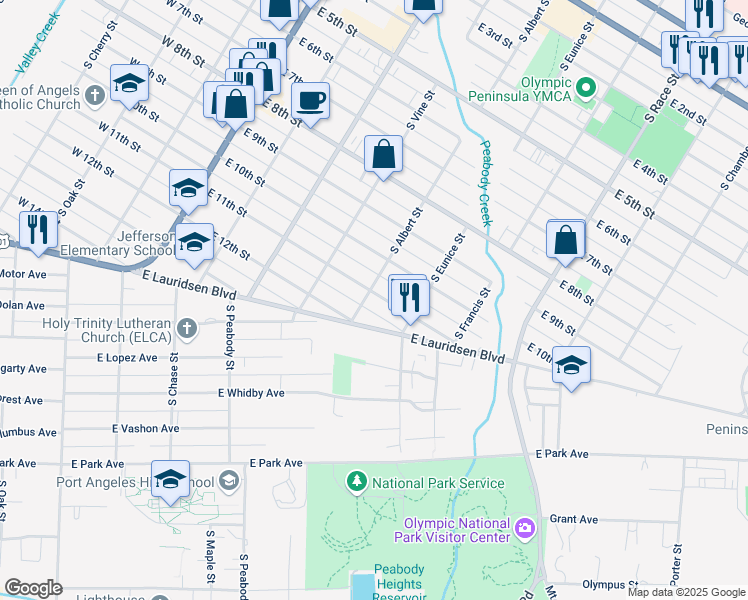 map of restaurants, bars, coffee shops, grocery stores, and more near 606 E 11th St in Port Angeles
