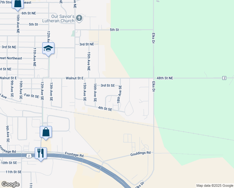 map of restaurants, bars, coffee shops, grocery stores, and more near 301 Dickenson Drive Southeast in Devils Lake