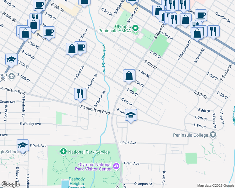 map of restaurants, bars, coffee shops, grocery stores, and more near 820 South Race Street in Port Angeles
