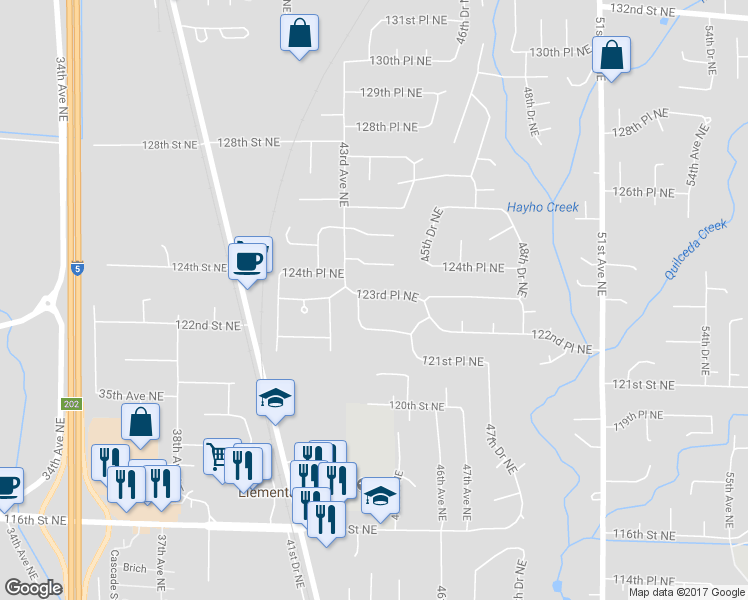 map of restaurants, bars, coffee shops, grocery stores, and more near 4324 123rd Place Northeast in Marysville
