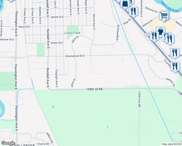 map of restaurants, bars, coffee shops, grocery stores, and more near 110 Woodland Court in Thief River Falls