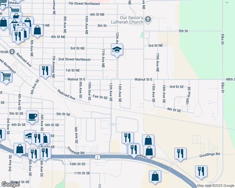 map of restaurants, bars, coffee shops, grocery stores, and more near 307 13th Avenue Southeast in Devils Lake