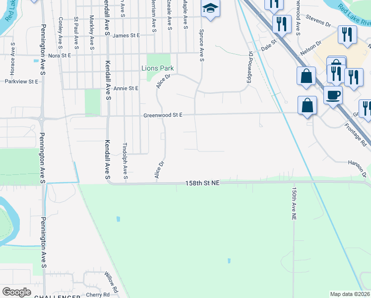 map of restaurants, bars, coffee shops, grocery stores, and more near 110 Woodland Court in Thief River Falls