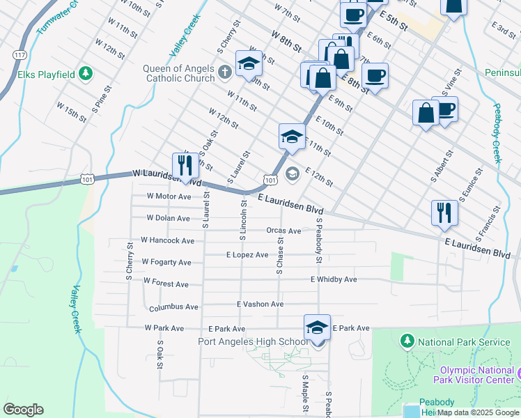 map of restaurants, bars, coffee shops, grocery stores, and more near 214 East Lauridsen Boulevard in Port Angeles