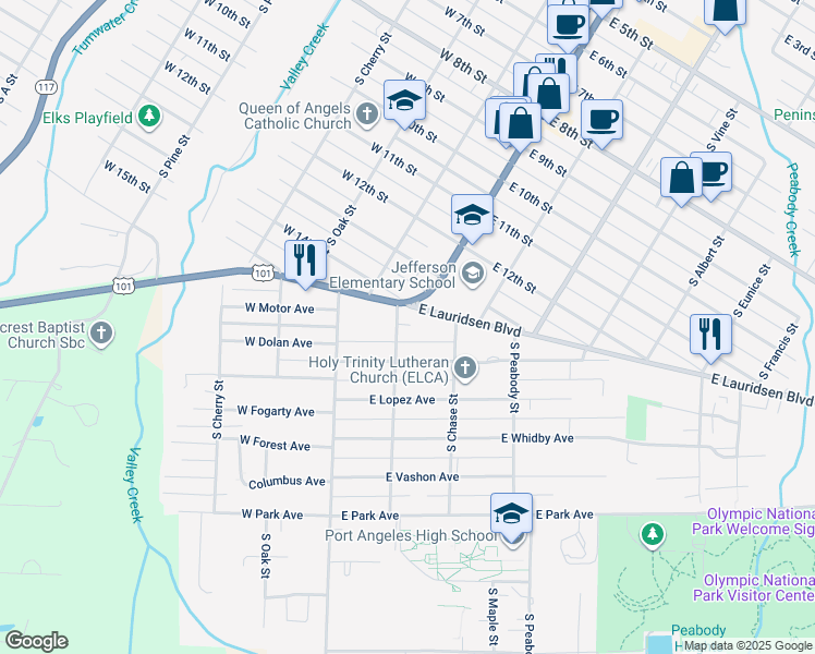 map of restaurants, bars, coffee shops, grocery stores, and more near 214 East Lauridsen Boulevard in Port Angeles