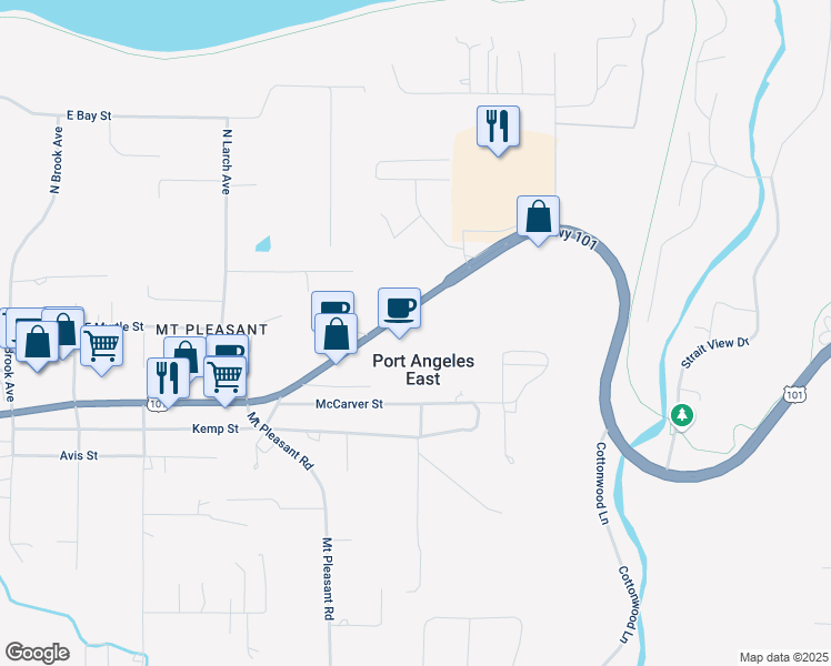 map of restaurants, bars, coffee shops, grocery stores, and more near 3306 East Highway 101 in Port Angeles