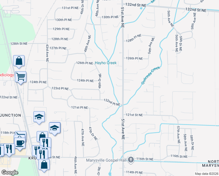 map of restaurants, bars, coffee shops, grocery stores, and more near 4909 123rd Street Northeast in Marysville
