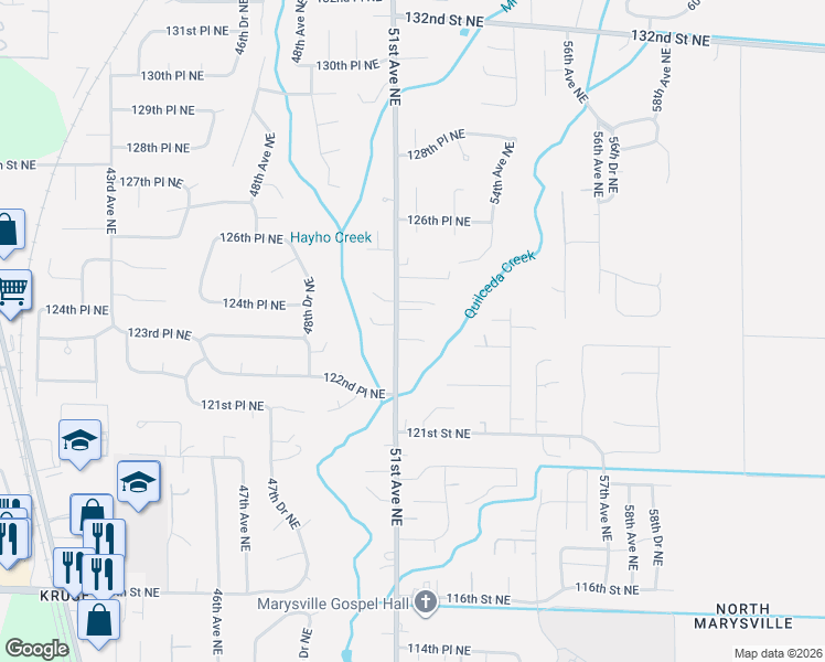 map of restaurants, bars, coffee shops, grocery stores, and more near 5117 123rd Place Northeast in Marysville