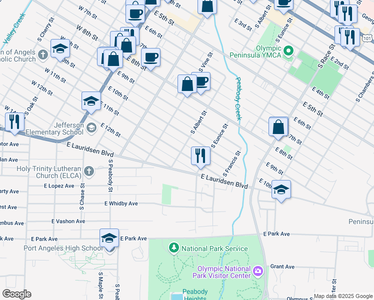 map of restaurants, bars, coffee shops, grocery stores, and more near 606 East 11th Street in Port Angeles