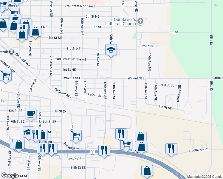 map of restaurants, bars, coffee shops, grocery stores, and more near 307 13th Avenue Southeast in Devils Lake