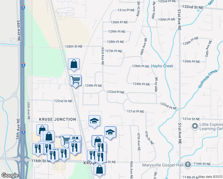 map of restaurants, bars, coffee shops, grocery stores, and more near 4324 123rd Place Northeast in Marysville