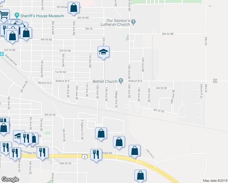 map of restaurants, bars, coffee shops, grocery stores, and more near 203 Village Avenue Southeast in Devils Lake