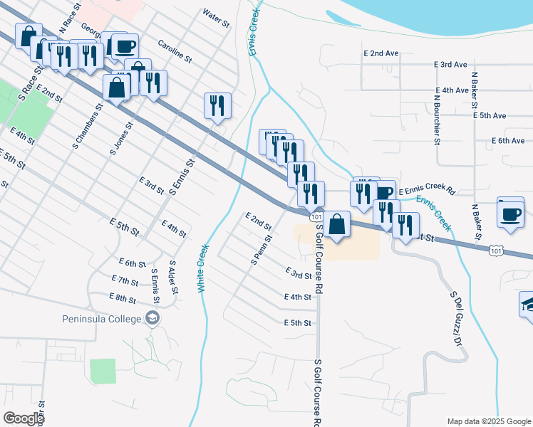 map of restaurants, bars, coffee shops, grocery stores, and more near 110 South Penn Street in Port Angeles