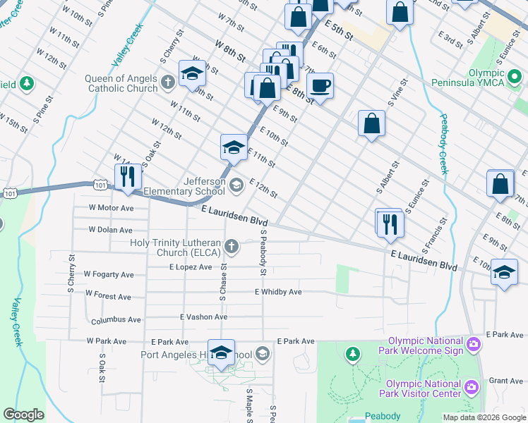 map of restaurants, bars, coffee shops, grocery stores, and more near 323 East 13th Street in Port Angeles