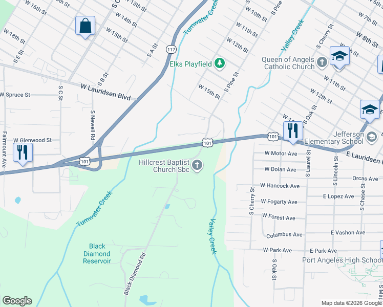 map of restaurants, bars, coffee shops, grocery stores, and more near 49-223 Black Diamond Rd in Port Angeles