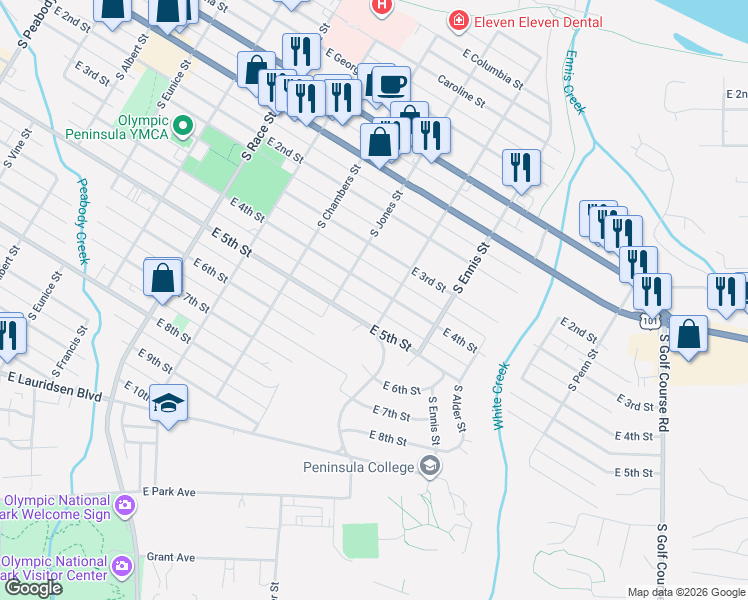 map of restaurants, bars, coffee shops, grocery stores, and more near 1210 East 4th Street in Port Angeles