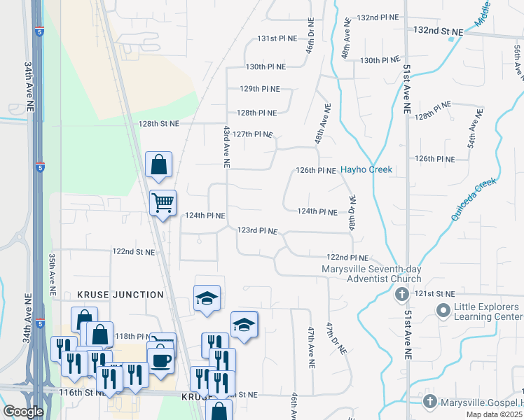 map of restaurants, bars, coffee shops, grocery stores, and more near 5128 125th Street Northeast in Marysville