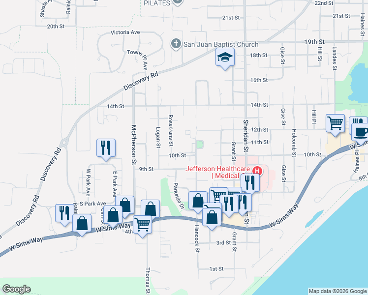 map of restaurants, bars, coffee shops, grocery stores, and more near 1051 Hancock Street in Port Townsend
