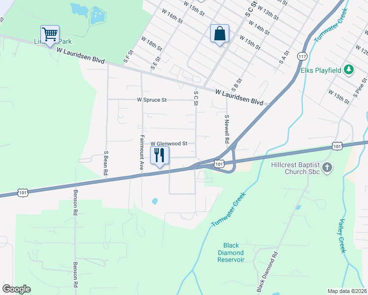 map of restaurants, bars, coffee shops, grocery stores, and more near 1005 West Glenwood Street in Port Angeles