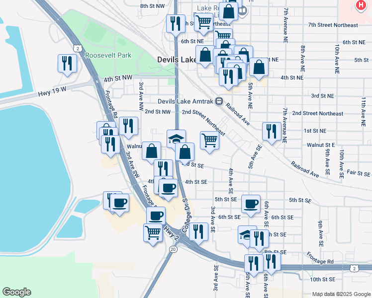 map of restaurants, bars, coffee shops, grocery stores, and more near 210 College Drive South in Devils Lake