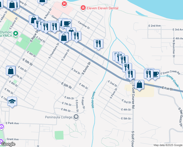 map of restaurants, bars, coffee shops, grocery stores, and more near 1421 East 2nd Street in Port Angeles