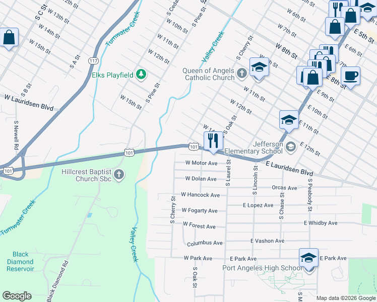map of restaurants, bars, coffee shops, grocery stores, and more near 222 1/2 West Lauridsen Boulevard in Port Angeles