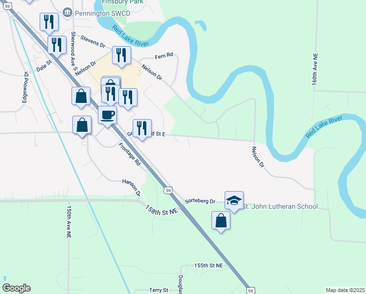map of restaurants, bars, coffee shops, grocery stores, and more near 2020 Greenwood Street East in Thief River Falls