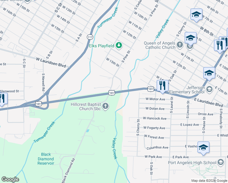 map of restaurants, bars, coffee shops, grocery stores, and more near 1927 South Pine Street in Port Angeles