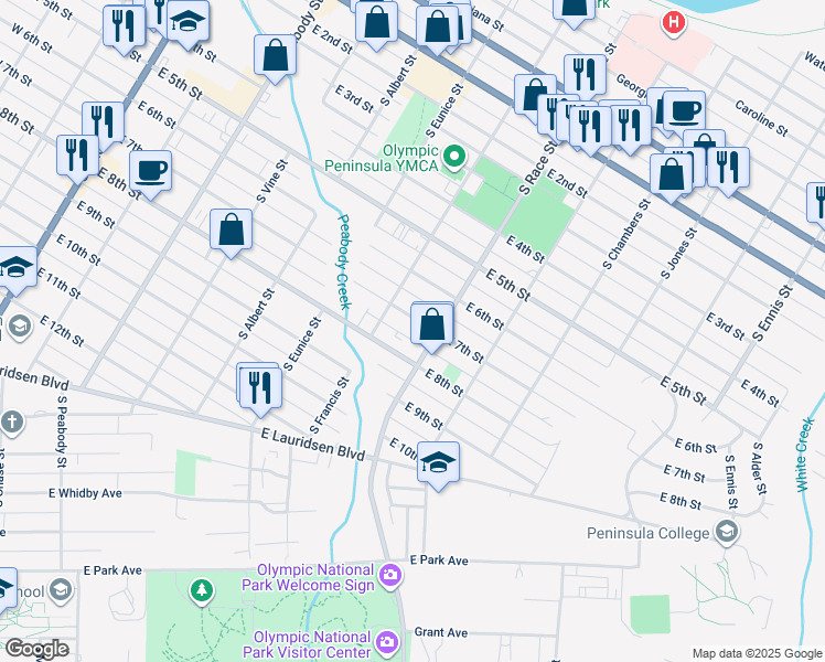 map of restaurants, bars, coffee shops, grocery stores, and more near 822 East 7th Street in Port Angeles