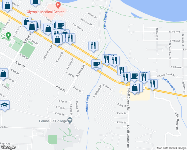 map of restaurants, bars, coffee shops, grocery stores, and more near 1501 East 2nd Street in Port Angeles