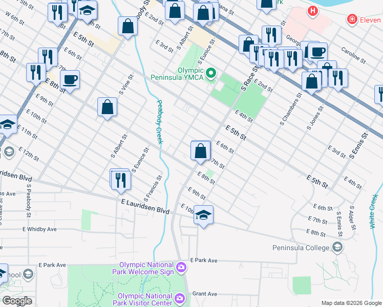 map of restaurants, bars, coffee shops, grocery stores, and more near 822 East 7th Street in Port Angeles