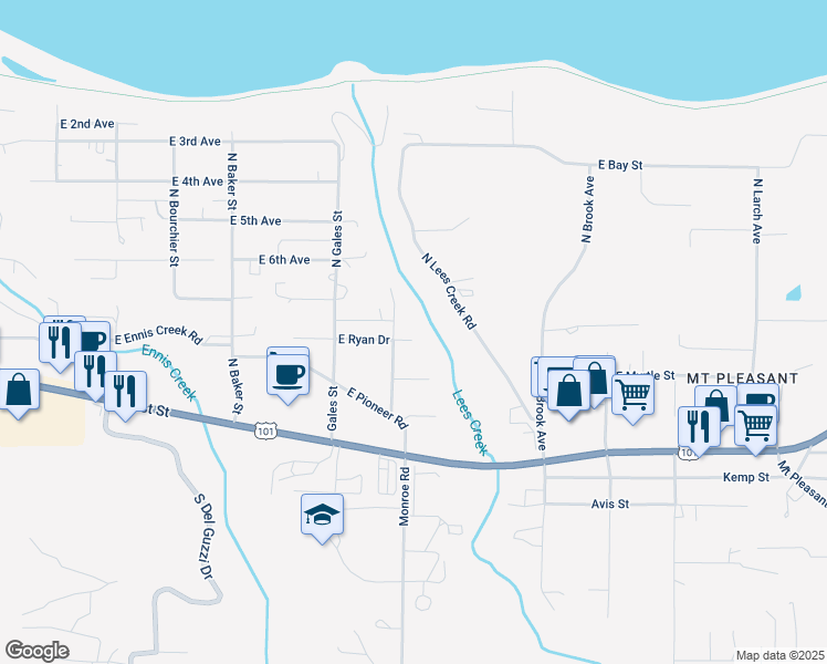 map of restaurants, bars, coffee shops, grocery stores, and more near 2515 East Ryan Drive in Port Angeles